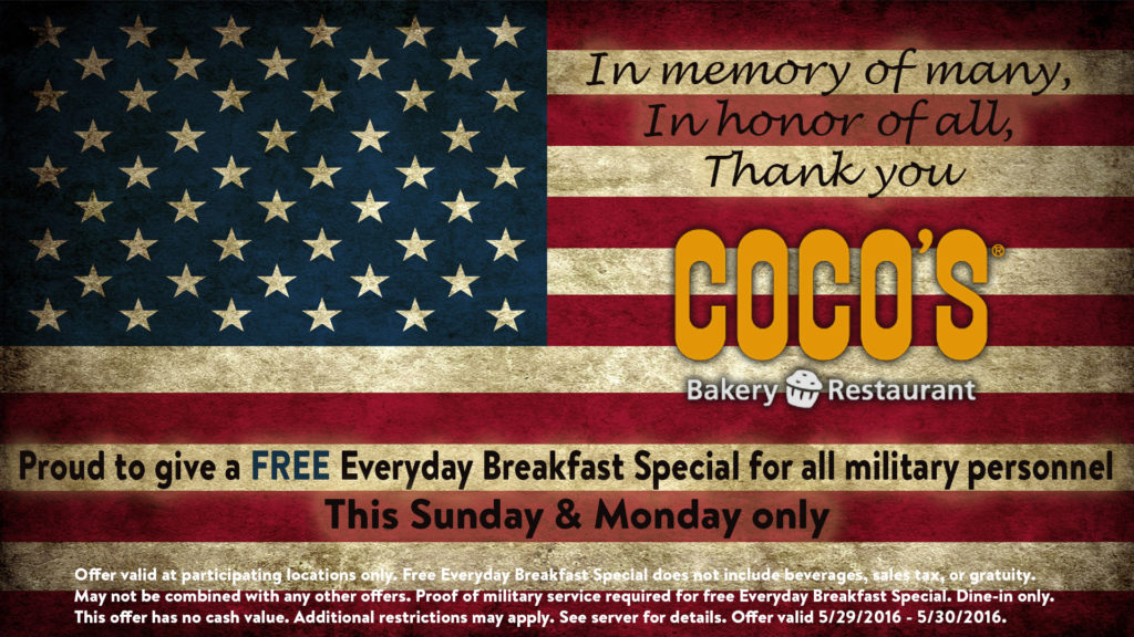 coco's memorial military day special free meal