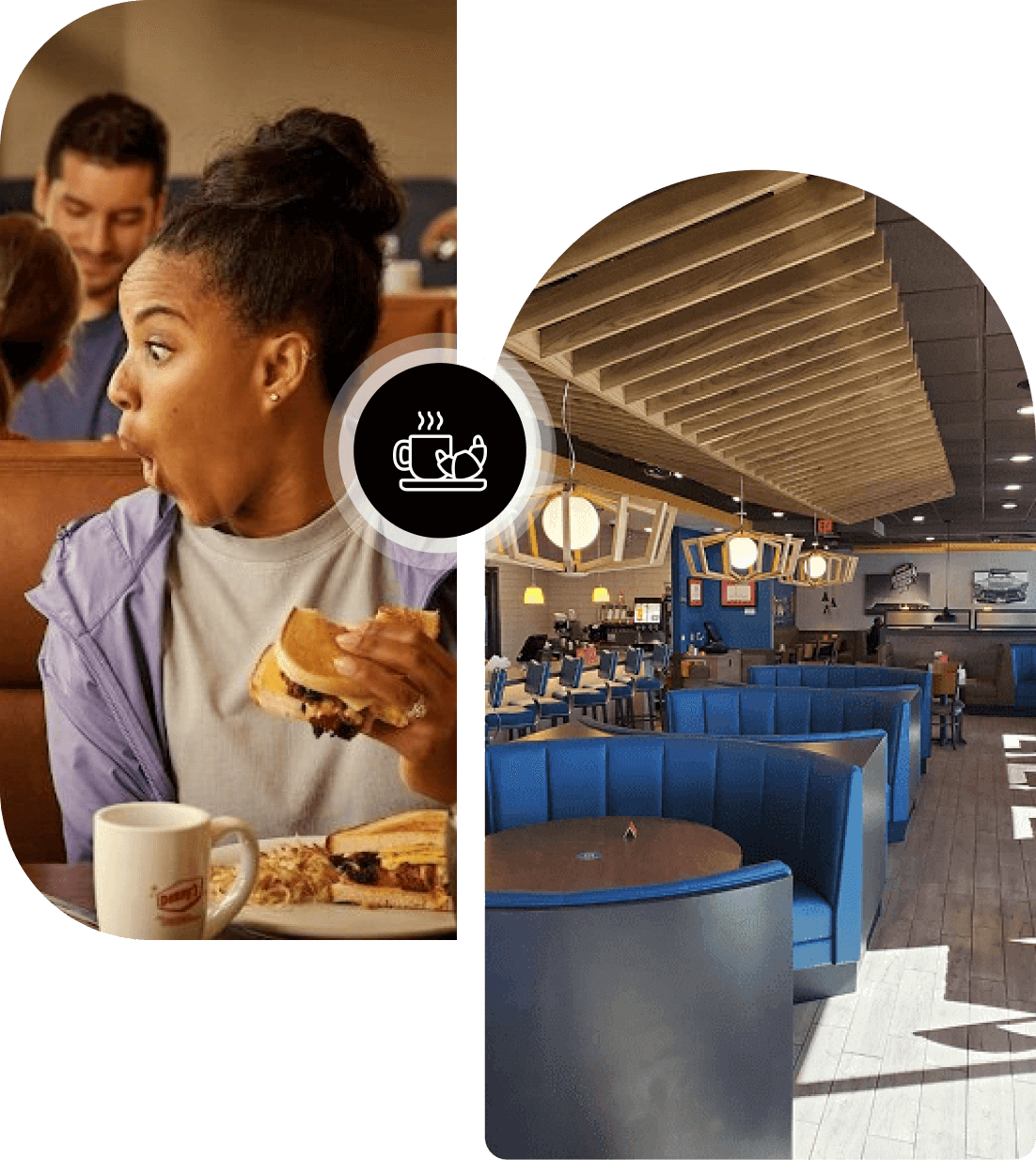 A collage of two different pictures with people eating and sitting at tables.